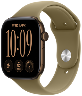 Apple Watch Series 12, hliníkové pouzdro, tmavě bronzová barva, na pravém boku korunka Digital Crown, mikrofon, boční tlačítko, sportovní řemínek, olivová barva (zemitě zelená), kolíčkové zapínání (stříbrný kolíček)