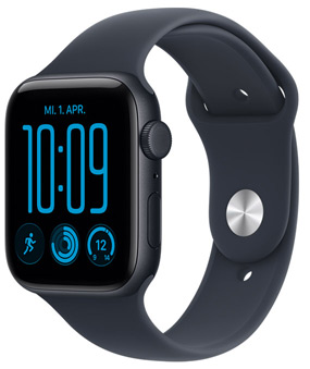 Apple Watch SE 3, Aluminiumgehäuse, Farbe Mitternacht, rechte Seitenansicht, Digital Crown, Mikrofon, Seitentaste, Sportarmband, Farbe Schwarz, Pin-Verschluss (silberner Pin)