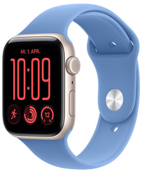 Apple Watch SE 3, Aluminiumgehäuse, Farbe Polarstern, rechte Seitenansicht, Digital Crown, Mikrofon, Seitentaste, verbunden mit Sportarmband, Farbe Hyazinthenblau (pudriges Blau), Pin-Verschluss (silberner Pin)