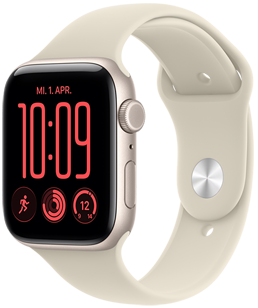 Apple Watch SE 3, aluminum case, starlight color, right side exterior, Digital Crown dial, microphone, side button, connected to Sport Band, sand color (pale tan), pin-and-tuck closure (silver pin)