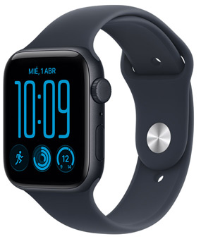 Apple Watch SE 3, caja de aluminio, color medianoche, lateral derecho, Digital Crown, micrófono, botón lateral, correa deportiva, color negro, cierre de clip (clip plateado)