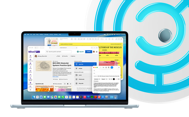 MacBook, Himmelblau, offener Laptop mit Lerninhalten in Keynote, Mail und Safari, darunter Kahoot! mit einem «BIO-200 Muscular System Practice Quiz»
