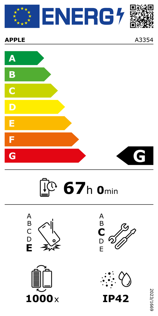 Etichetta energetica UE, codice QR e informazioni, modello Apple A3354, classe G, classi di efficienza energetica (con una scala da A a G), da A (efficienza massima) a G (efficienza minima), l’autonomia della batteria per ciclo è 67 ore e 0 minuti per ogni carica completa, la classe di affidabilità in caso di caduta libera ripetuta è E, da A (robustezza massima) a E (robustezza minima), la classe di riparabilità è C, da A (riparabilità massima) a E (riparabilità minima), la durata della batteria in cicli è 1000, il grado di protezione dall’ingresso di polvere e acqua (IP) è IP42, regolamento 2023/1669.