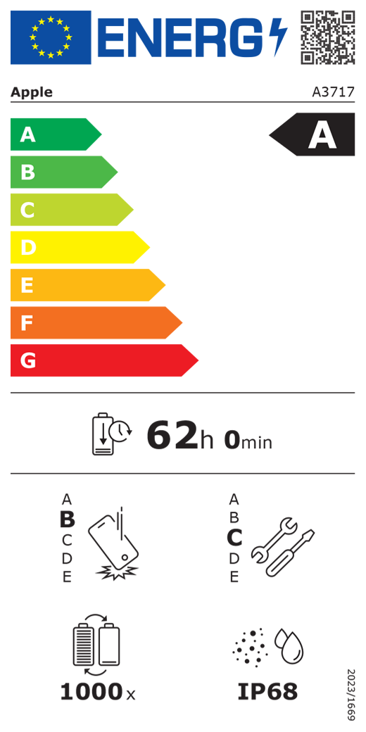 EUs energimerking, QR-kode og informasjon vises for Apple-modell A3717, som er i energiklasse A på en skala fra A til G, der A er mest effektiv og G er minst effektiv. Batteritid per syklus er 62 timer og 0 minutter per fullading. Ved gjentatte fall er den i holdbarhetsklasse B på en skala fra A til E, der A er mest holdbar og E er minst holdbar. Den er i reparerbarhetsklasse C på en skala fra A til E, der A er mest reparerbar og E er minst reparerbar. Batteriet har en forventet levetid på 1000 ladesykluser, og enheten er støv- og vannbestandig med en rangering på IP68, forordning 2023/1669.