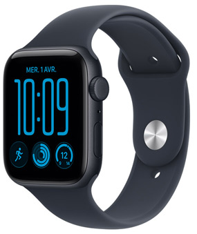 Apple Watch SE 3, boîtier en aluminium, finition minuit, côté droit, Digital Crown, micro, bouton latéral, Bracelet Sport, noir, système de fermeture à clou et passant (clou argent)
