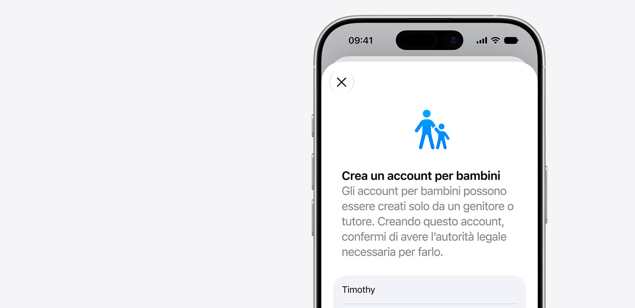 iPhone su cui viene configurato un account per bambini, con le icone di una persona adulta e di un minore, sopra i campi in cui va inserito il nome del minore.
