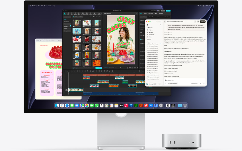Studio Displayの下に収納されたMac miniの前面。画面には、macOS環境で実行しているPerplexity Personal Computer、CapCut、Pagesが表示されている