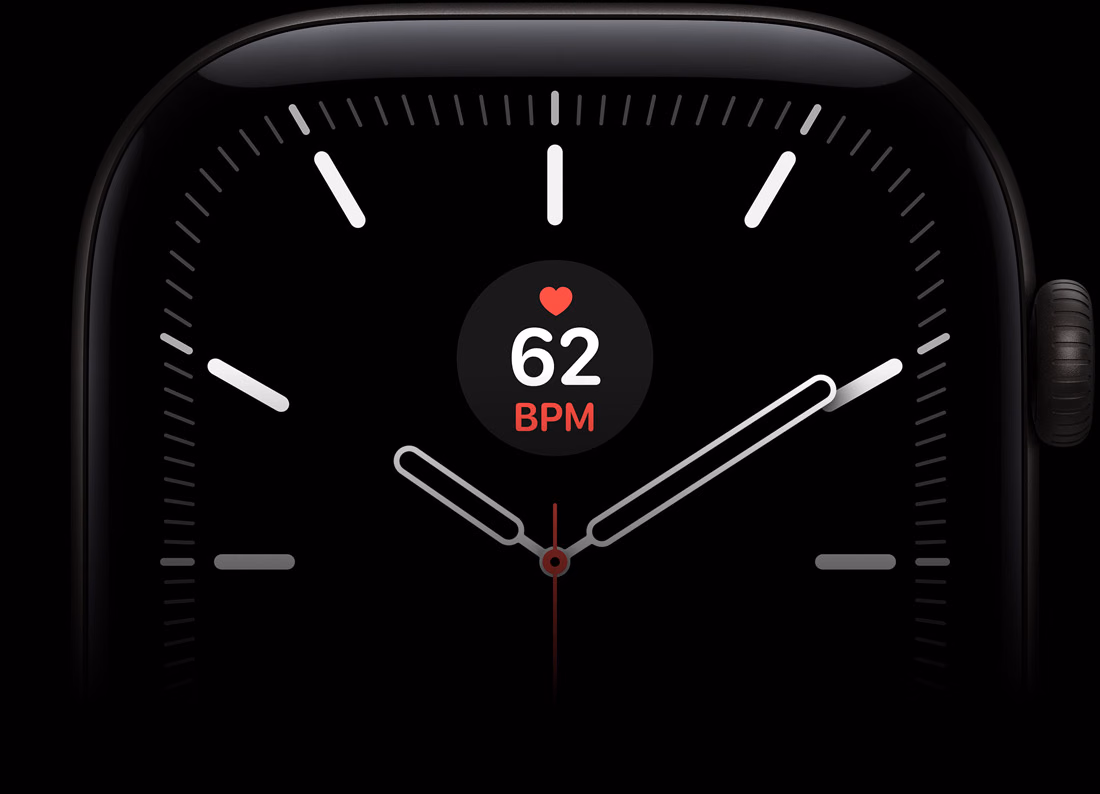 Apple Watch Series 12, boîtier en aluminium, noir, cadran Méridien avec complication Fréquence cardiaque, côté droit, Digital Crown