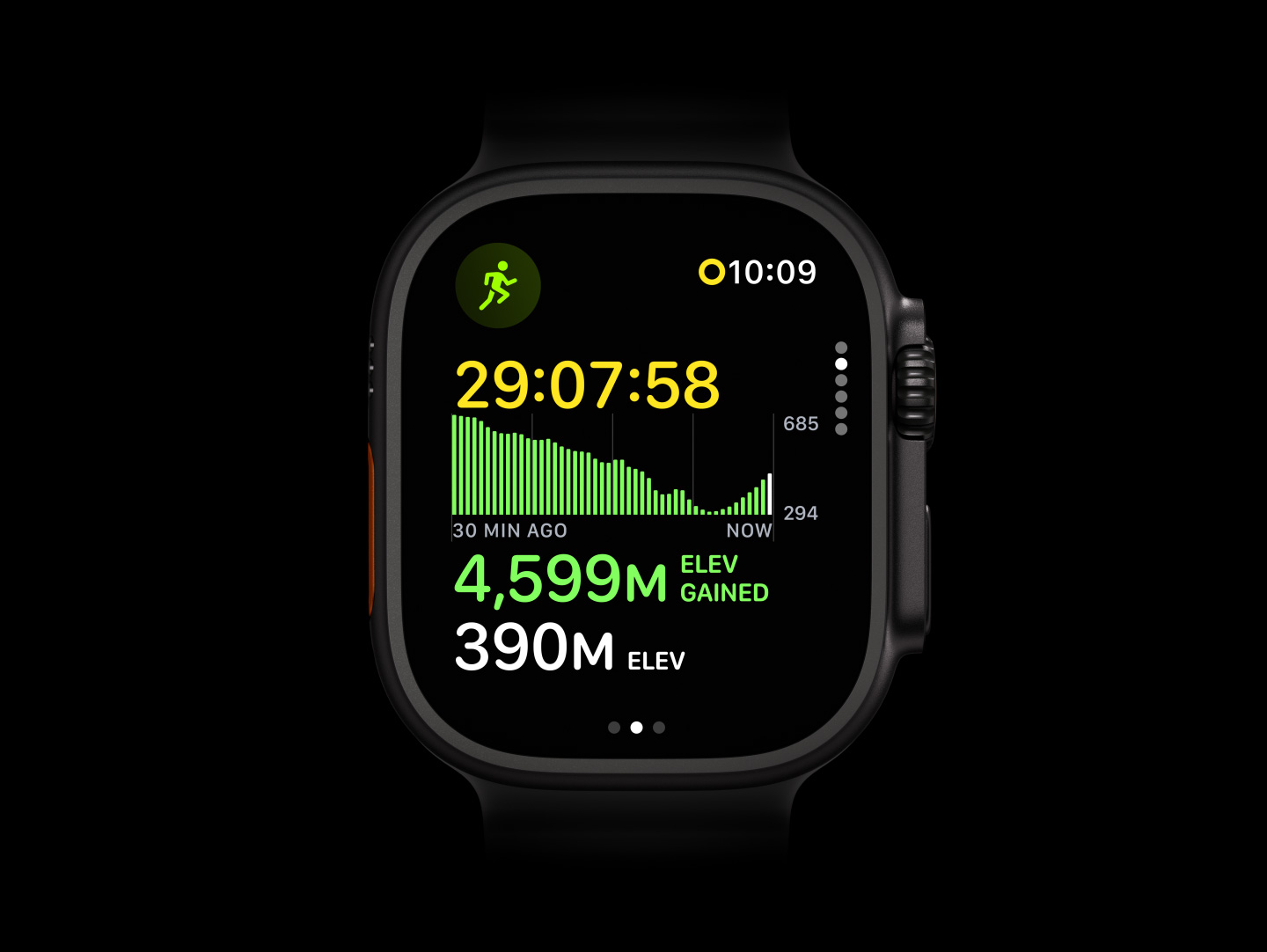 Apple Watch Ultra 4, titanium case, black color, back of watch with Health Sensing System with glowing green LED lights