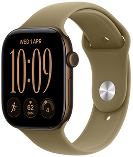 Apple Watch Series 12, aluminium case, dark bronze colour, Modular watch face, complications: day and date, Workouts, heart rate, readiness, right side exterior, Digital Crown, side button, Sport Band, olive colour