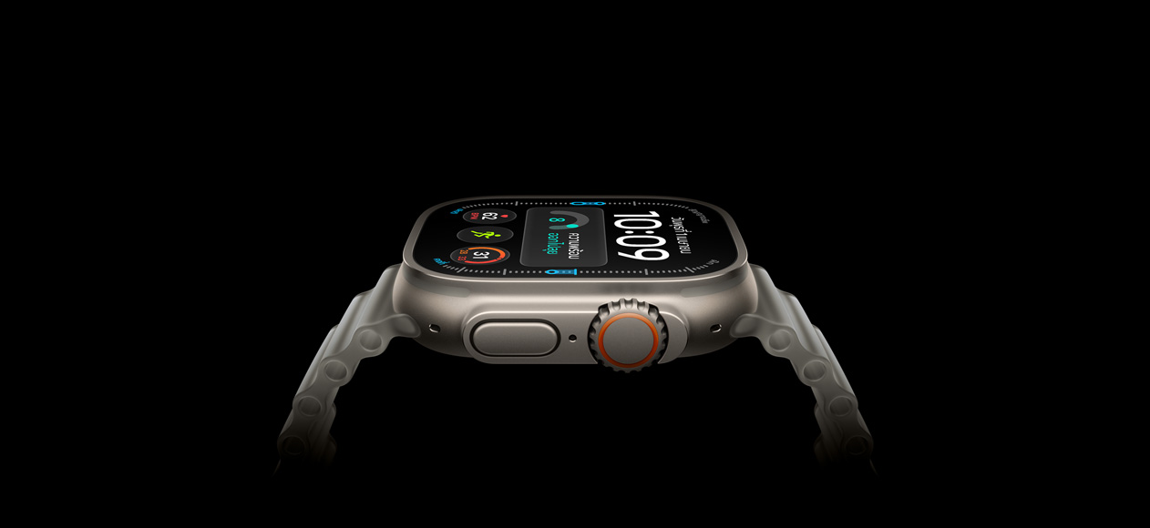 Apple Watch Ultra 4, titanium case, natural color, right exterior, Digital Crown, raised side button, digital watch face, translucent gray Ocean Band
