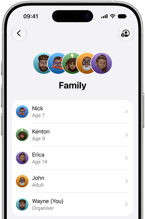 iPhone displaying the Family interface with multiple family member accounts, from children to adults.