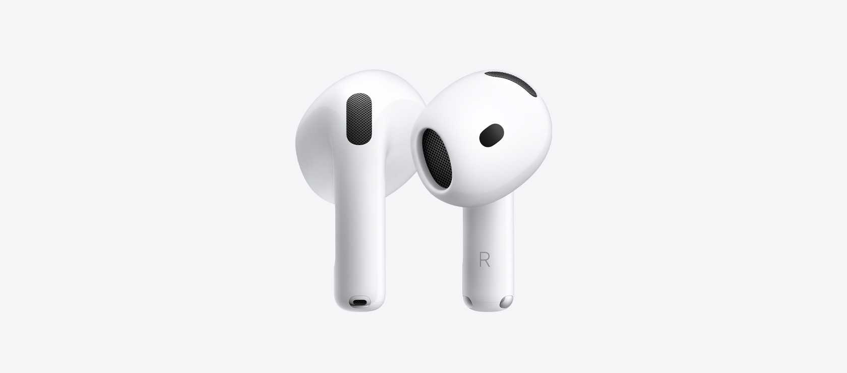 AirPods 5: audífonos inalámbricos, color blanco, forma oval, almohadilla con malla acústica interior, parte inferior pequeña con conector de carga color plata, indicadores izquierdo (L) y derecho (R)