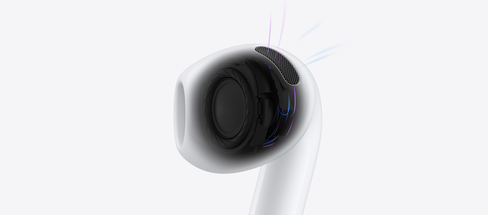Arquitectura interna de unos AirPods 5, con líneas azules que indican el paso del aire y del sonido a través del audífono