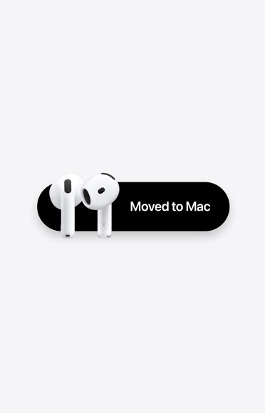 AirPods 5-øretelefoner ved siden af en besked med teksten: 'Overført til Mac'