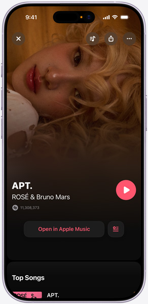 iPhone-skærm med “APT” med ROSÉ og Bruno Mars viser, at Shazam har identificeret sangen