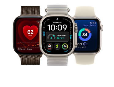Apple Watch Series 12, aluminum case, dark bronze color, screen shows heart health feature, Milanese Loop band, dark bronze color; Apple Watch Ultra 4, titanium case, natural color, screen shows vitals, workout, readiness features, Ocean Band, translucent kelp color (pale brownish-green); Apple Watch SE 3, aluminum case, starlight color, screen shows sleep score, Sport Band, sand color (pale tan)