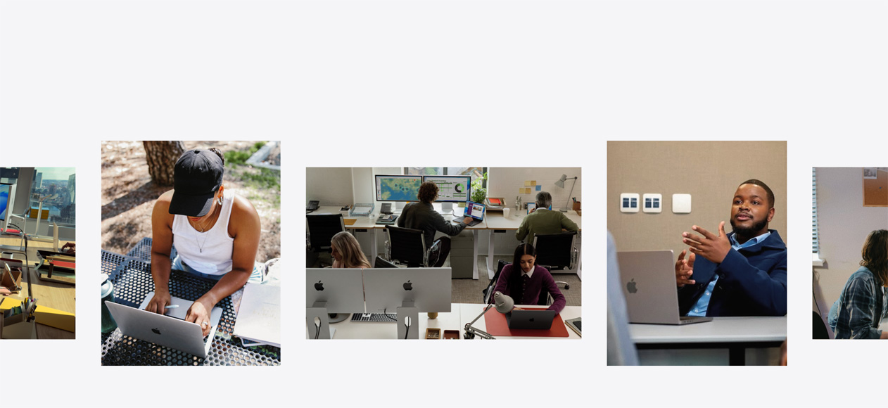 Several photos of professionals using Mac in diverse work settings, including offices, outdoors, and collaborative spaces.