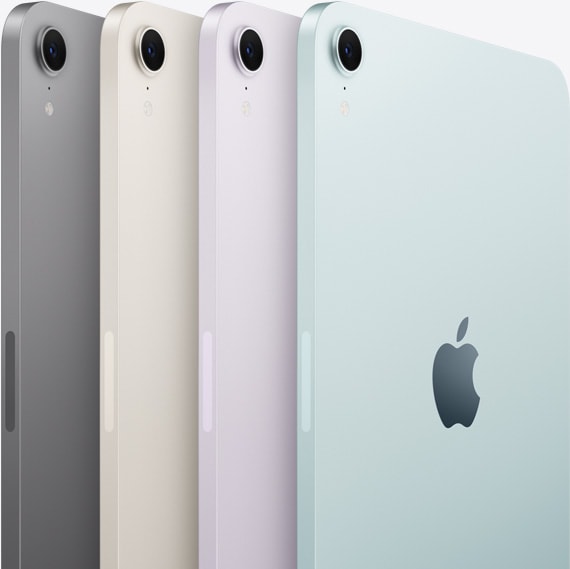 Baksiden av fire iPad mini-modeller i tilgjengelige farger: stellargrå, stjerneskinn, lilla og blå.