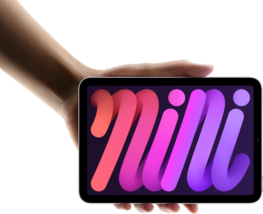 En bruker holder iPad mini i liggende retning i den ene hånden for å vise hvor kompakt og hendig den er.