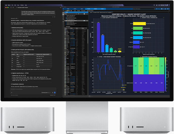 Studio Display XDR, la pantalla muestra datos sobre la salud de las abejas en las apps LM Studio Bionic y MATLAB, Mac Studio, vista frontal