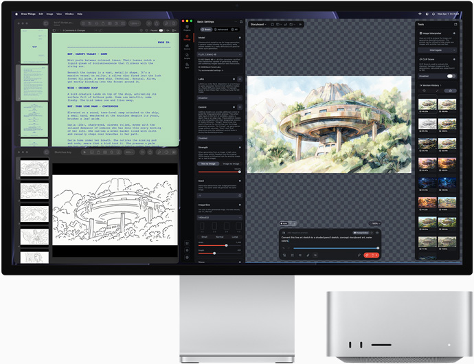 Studio Display XDR, la pantalla muestra dibujos arquitectónicos en Draw Things, Pages y Keynote, Mac Studio, vista frontal