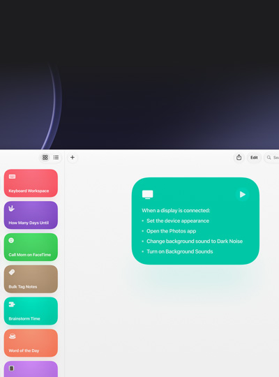 Pantalla de Atajos en una Mac, instrucciones para realizar ciertas tareas al conectar un monitor