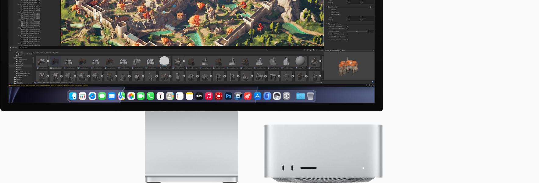 Studio Display XDR, la pantalla muestra Editor de Unity, Mac Studio, vista frontal