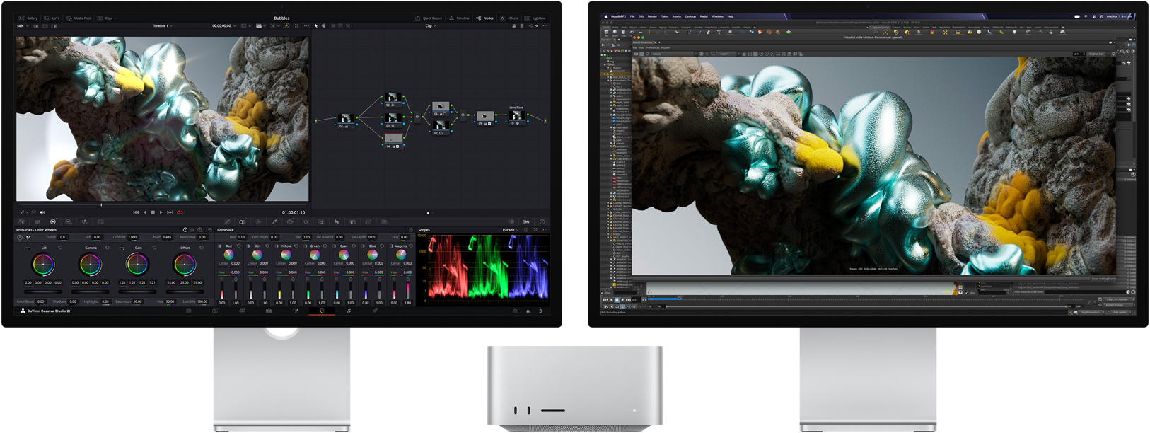 Un monitor Studio Display, la pantalla muestra la app DaVinci Resolve Studio con una imagen abstracta ampliada de varios colores, al lado se muestra un monitor Studio Display XDR, la pantalla muestra las apps Houdini y Maxon Redshift con la misma imagen
