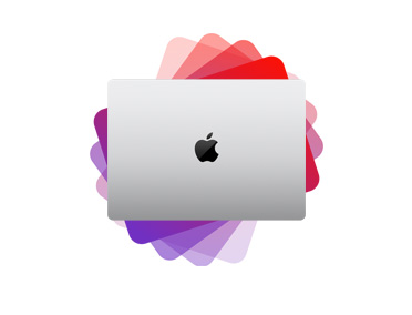 MacBook Pro, back exterior, MacBook silhouette fans out from behind into spectrum of purple and red colors