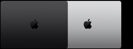 Exterior de dos modelos de MacBook Pro de 14 pulgadas que muestran los dos acabados disponibles