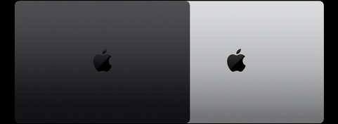 Exterior de dos modelos de MacBook Pro de 16 pulgadas que muestran los dos acabados disponibles
